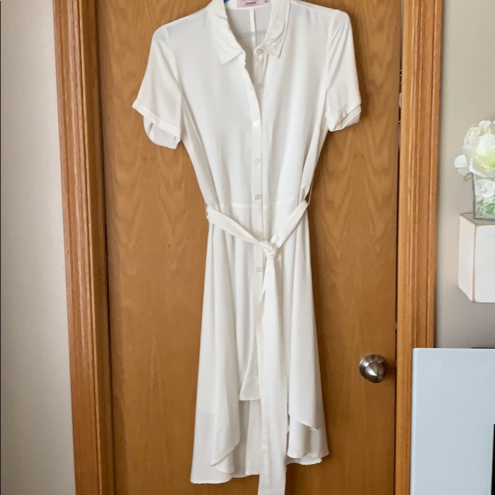 Ivory high low sash tie waist shirt dress